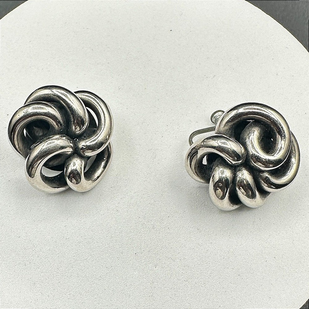 Vintage Silver Tone Knot Earrings Chunky Modernist 70s Screwback Statement